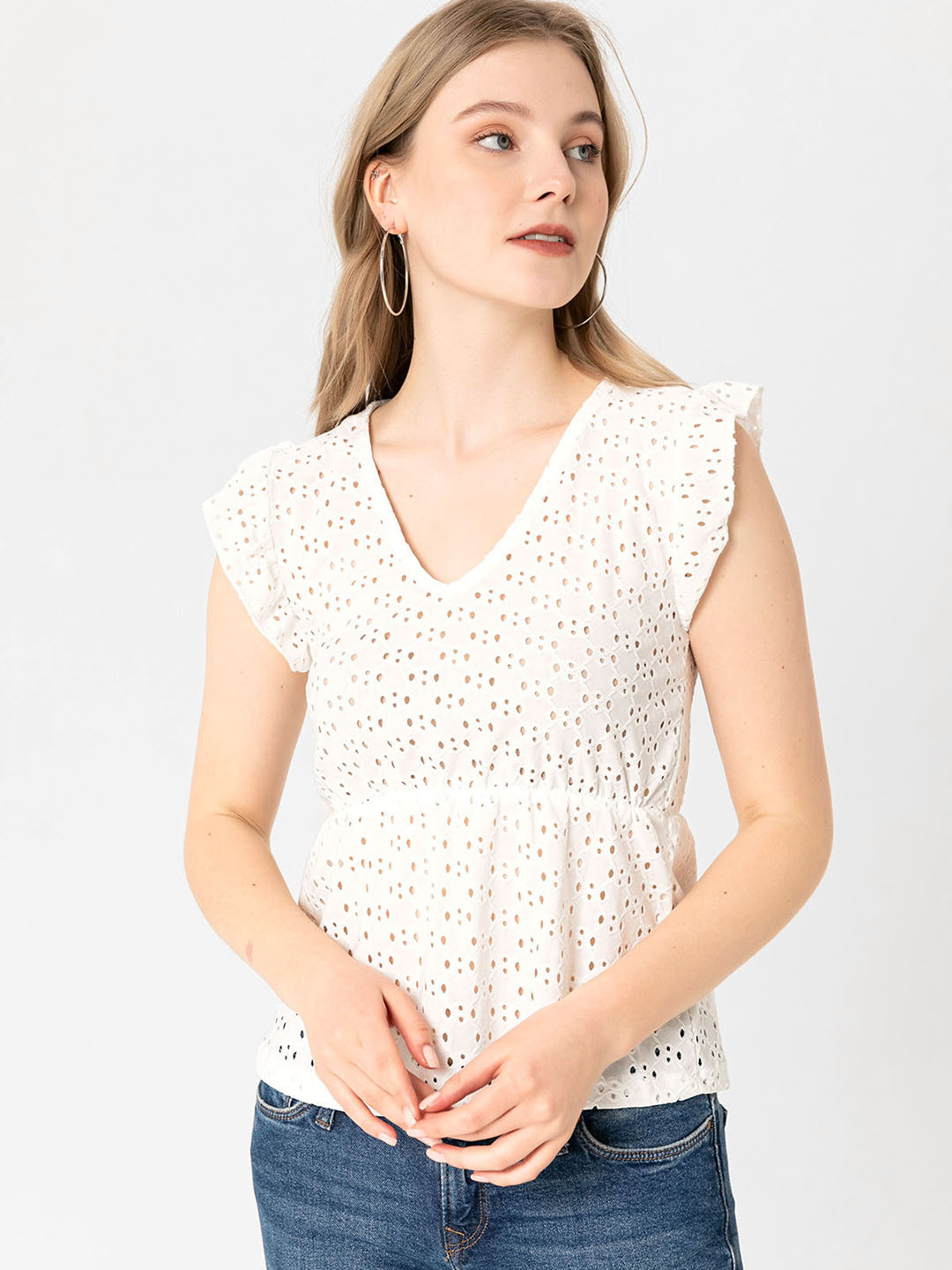 

busem Off White Cotton Schiffli Embroidered Top