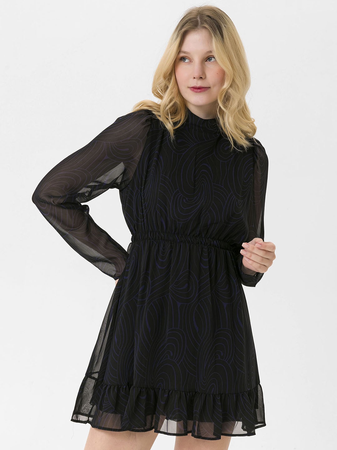 

busem Black & Navy Blue Abstract Print A-Line Dress