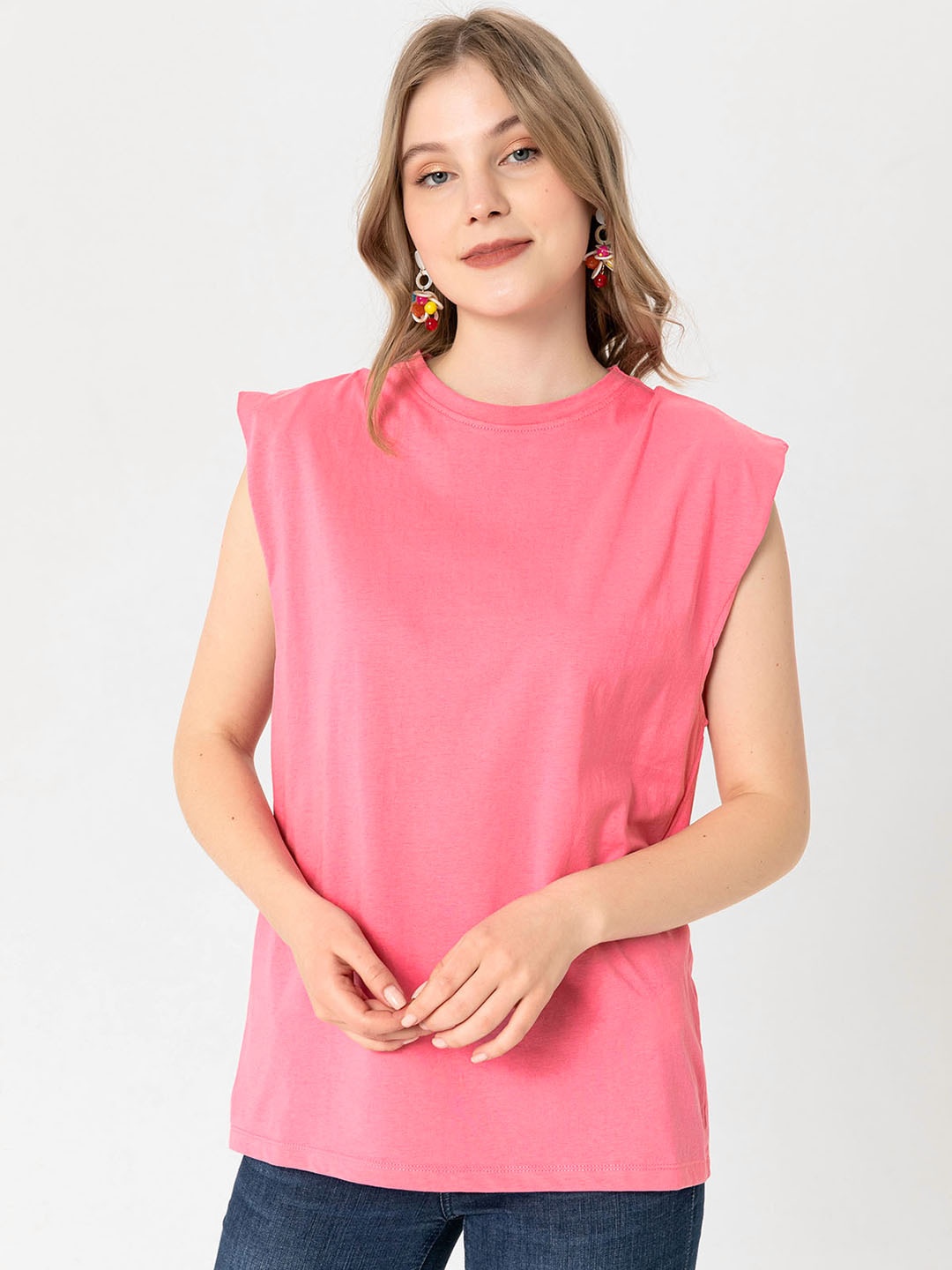 

busem Women Pink Solid Extended Cap Sleeves T-shirt