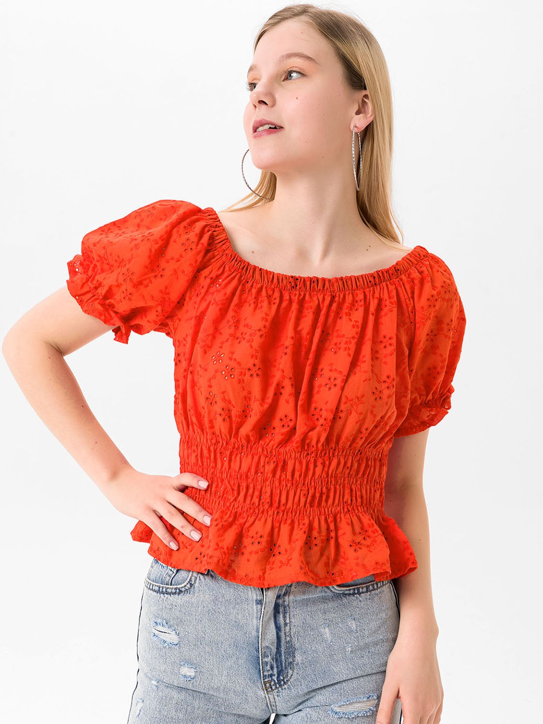 

busem Orange Floral Embroidered Peplum Pure Cotton Top