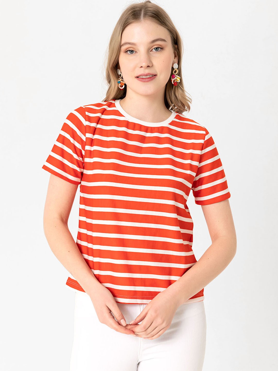 

busem Women Orange & White Striped T-shirt
