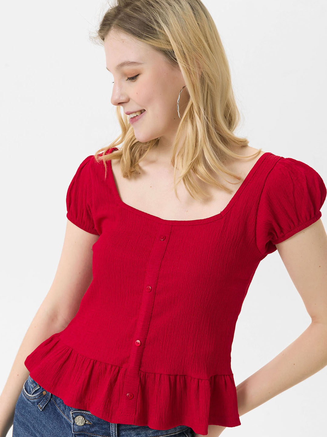

busem Red Solid Ribbed Puff Sleeves Top