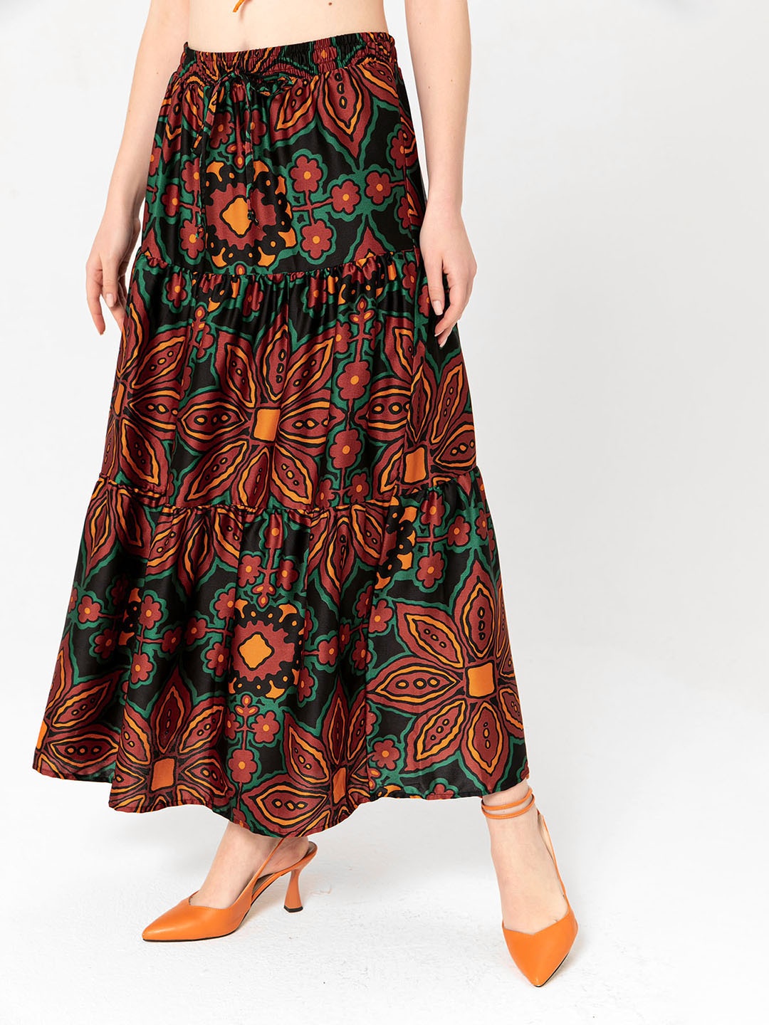 

busem Women Black & Orange Ethnic Motifs Print Tiered Maxi Flared Skirt