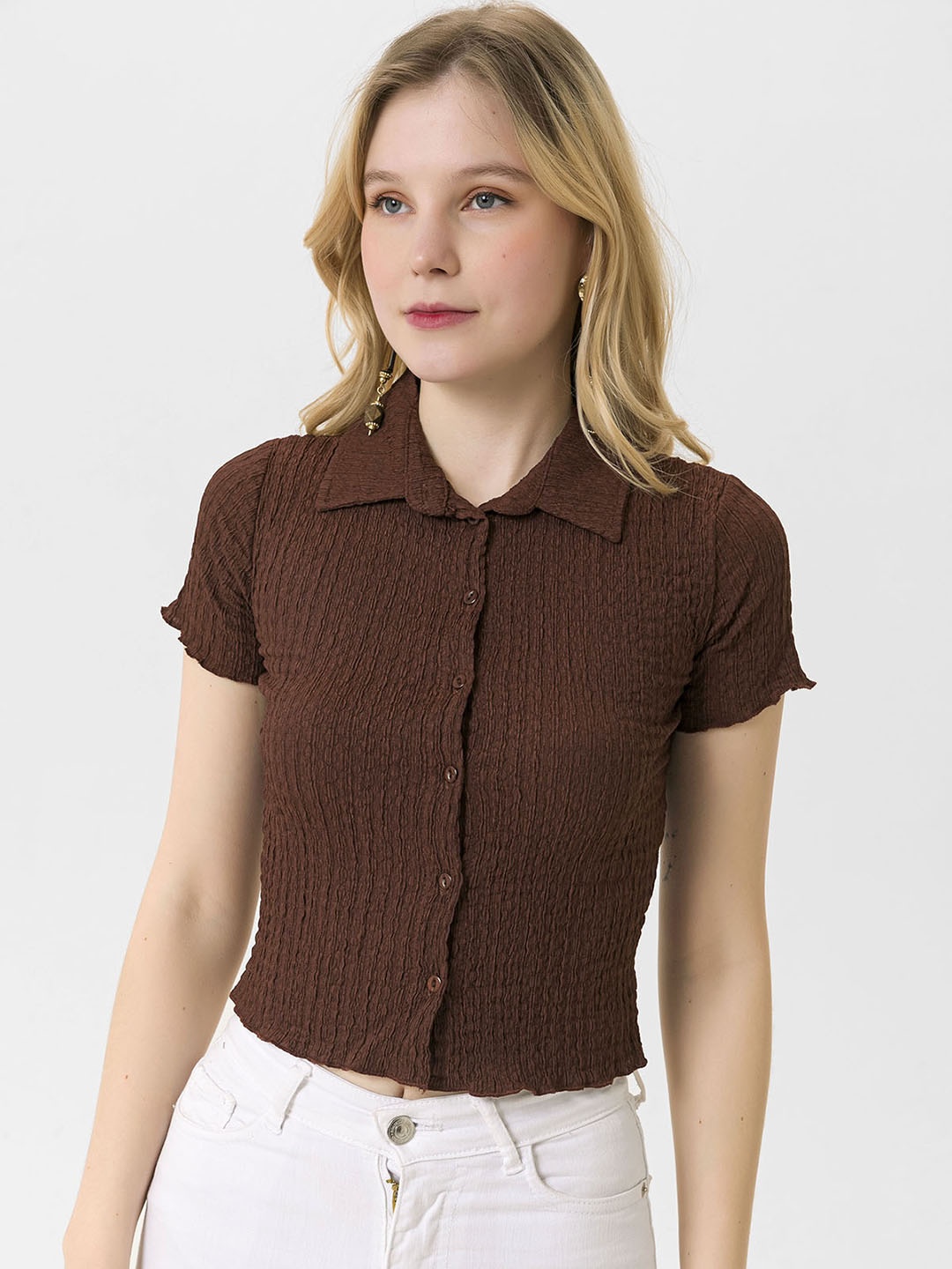 

busem Coffee Brown Smocked Shirt Style Crop Top