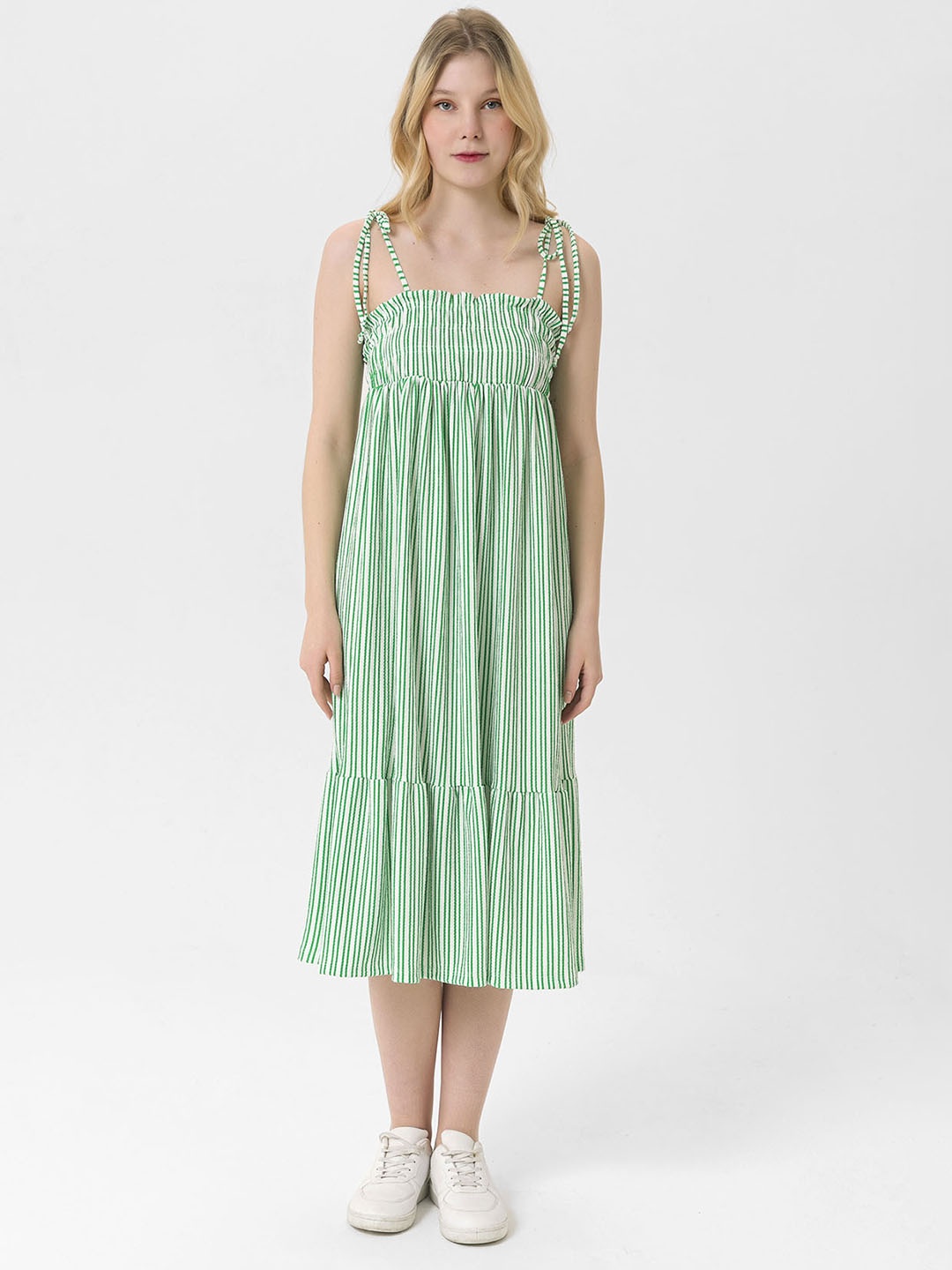 

busem Green & White Striped Tie-Up Neck A-Line Midi Dress