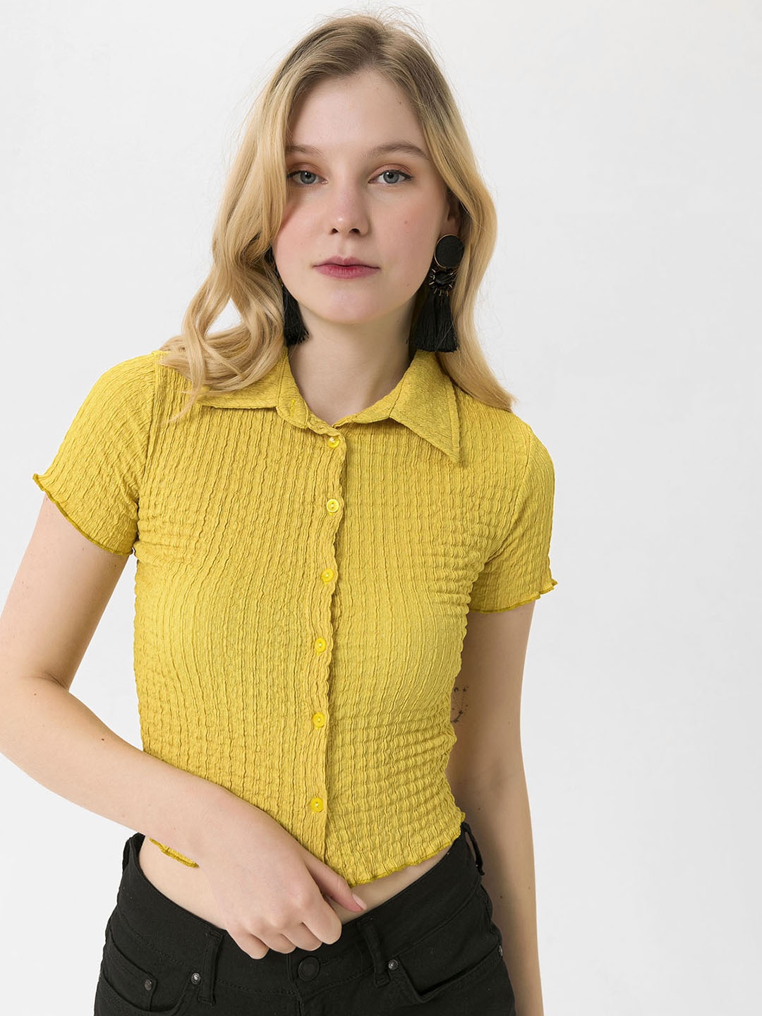 

busem Yellow Smocked Shirt Style Crop Top