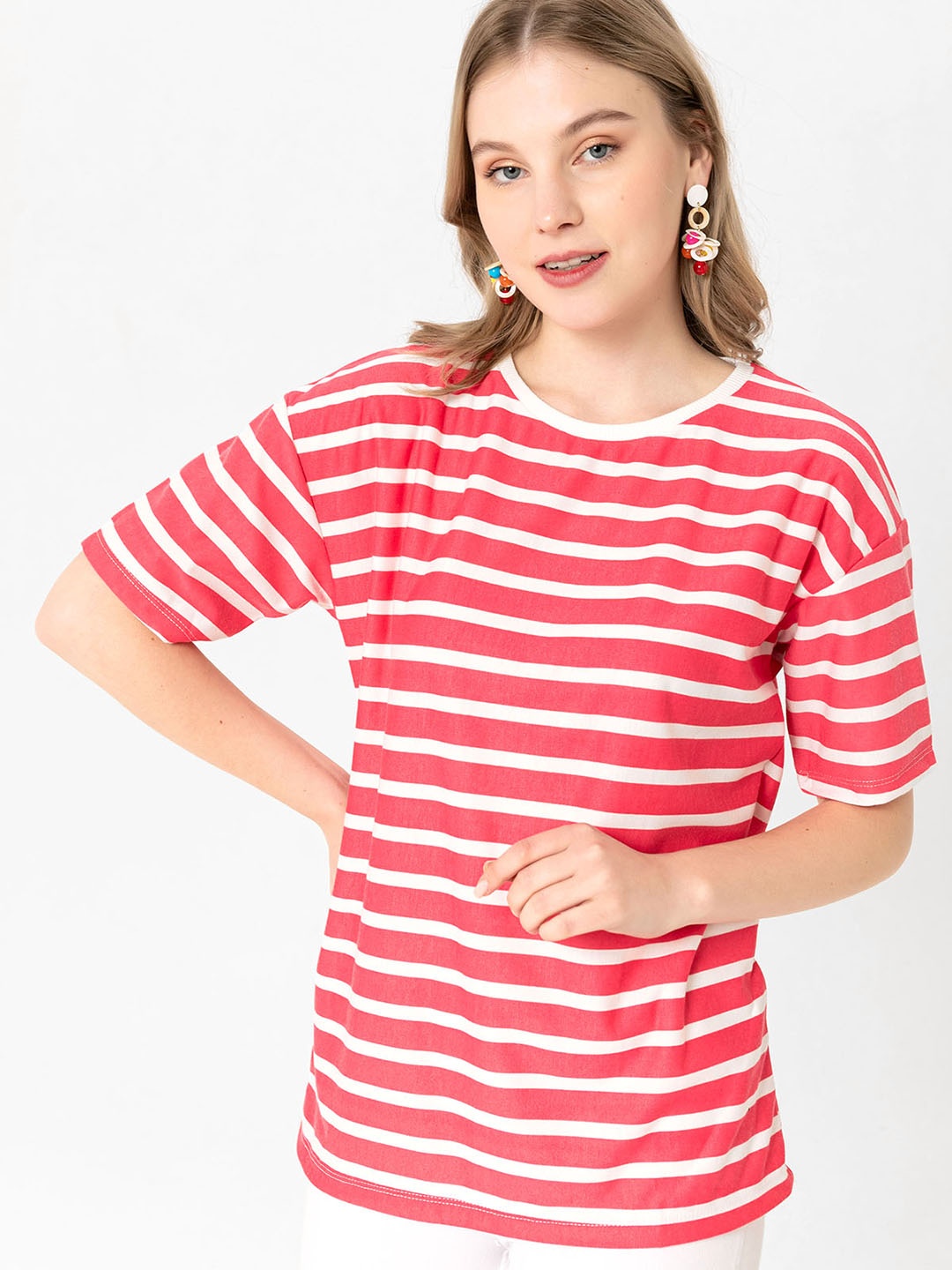 

busem Women Pink & White Striped T-shirt