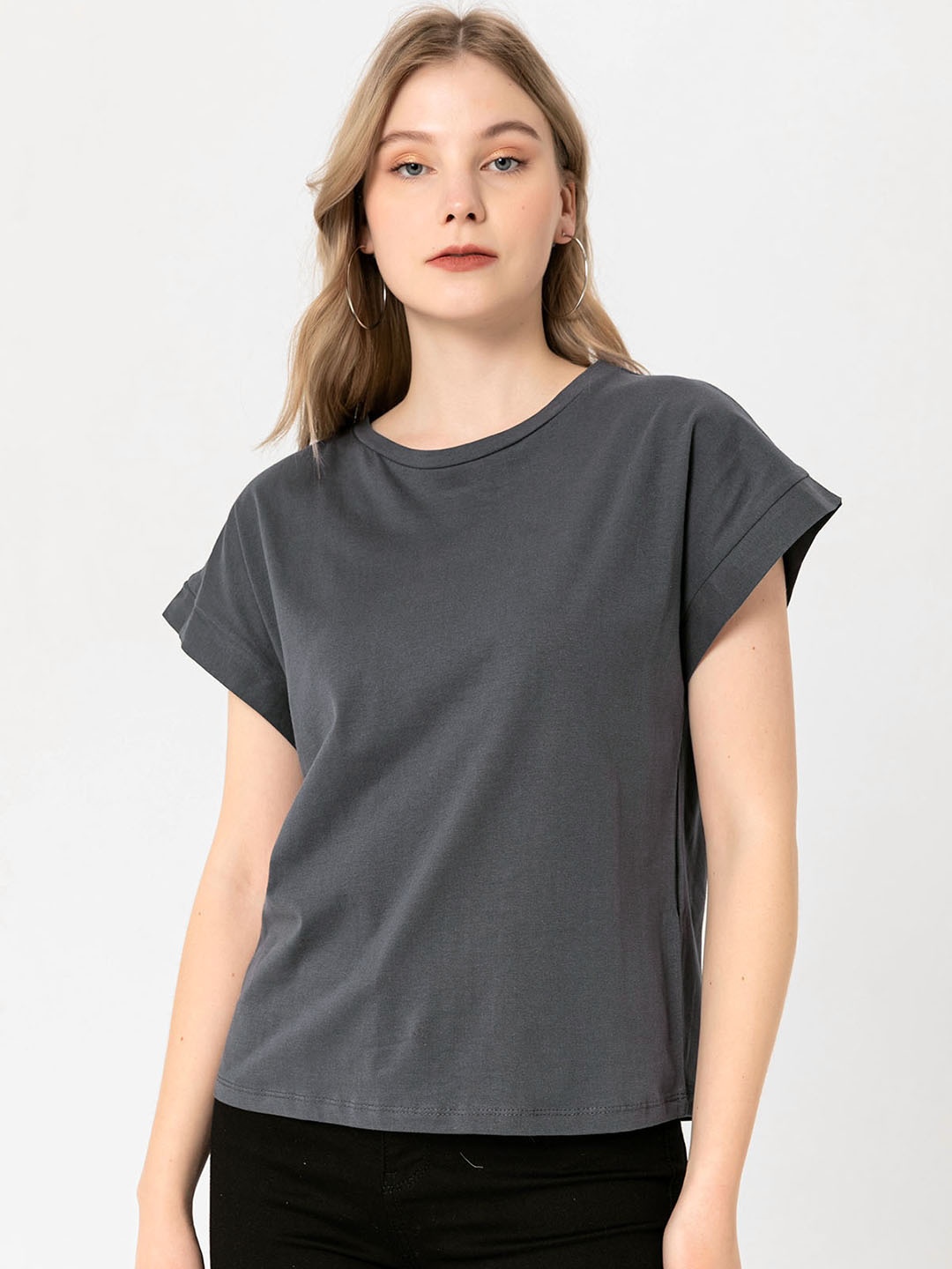 

busem Women Charcoal Extended Sleeves Pure Cotton T-shirt