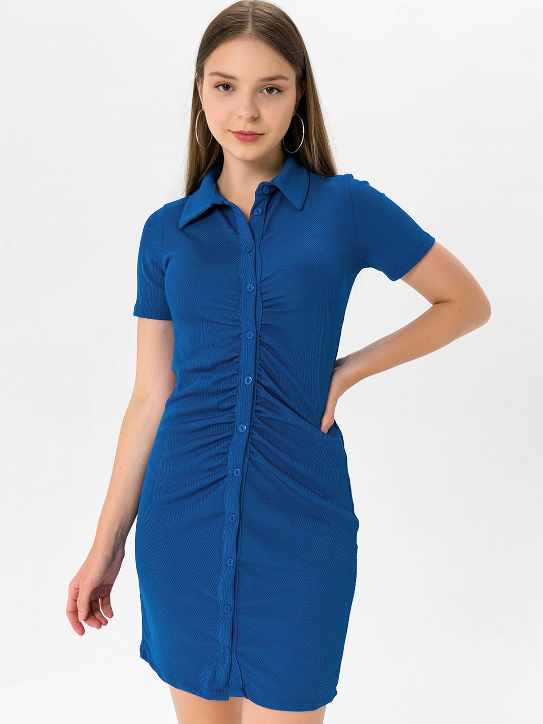 

busem Blue Ribbed Ruched Bodycon Dress