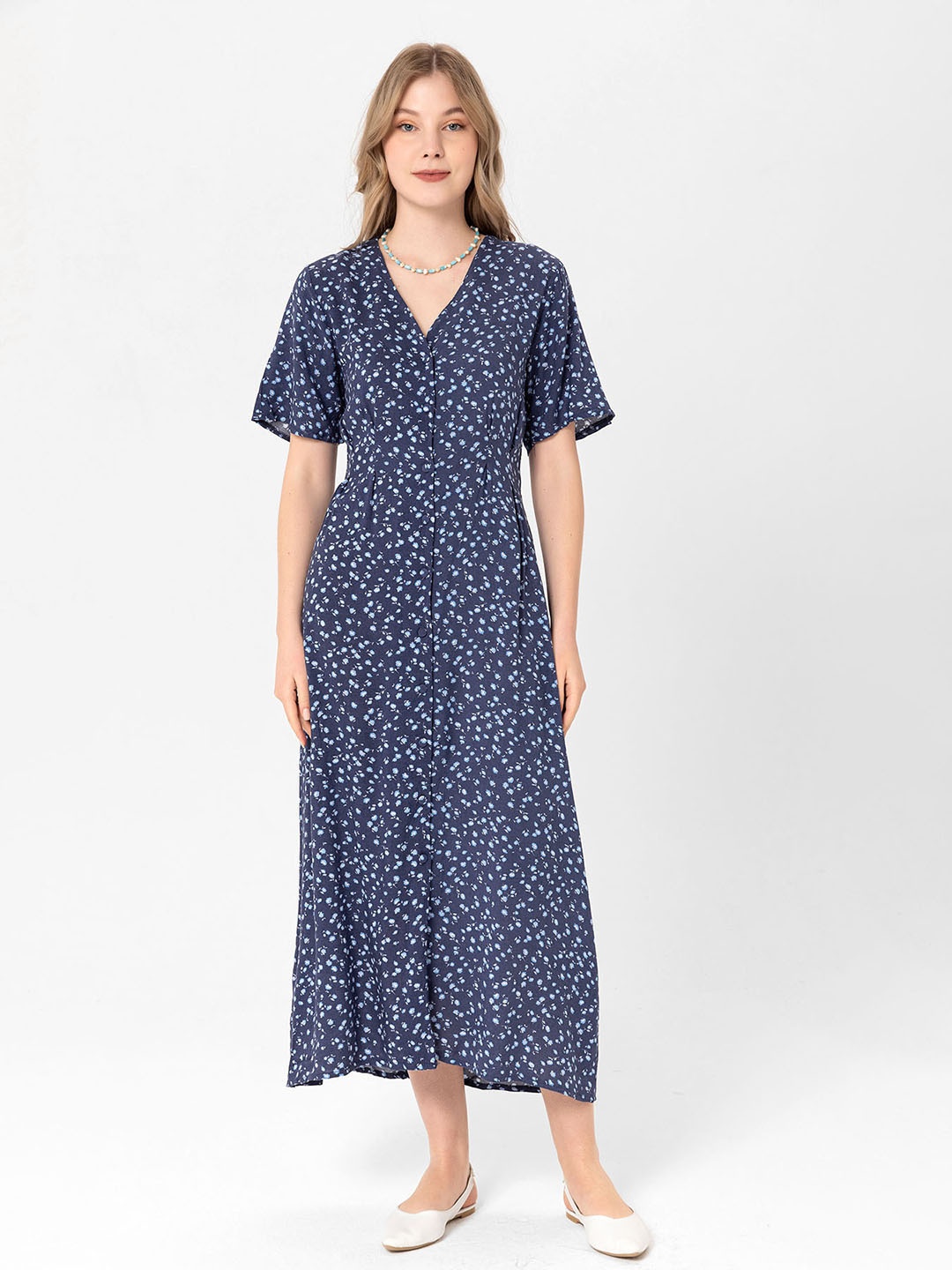 

busem Navy Blue Floral A-Line Midi Dress