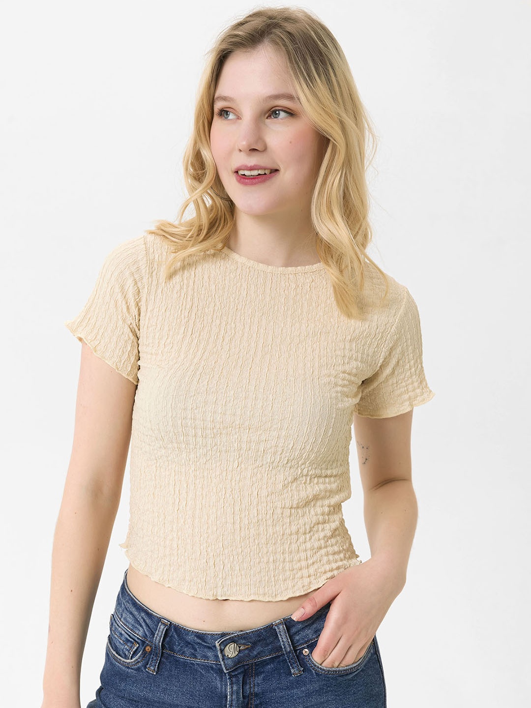 

busem Beige Solid Ribbed Knitted Top
