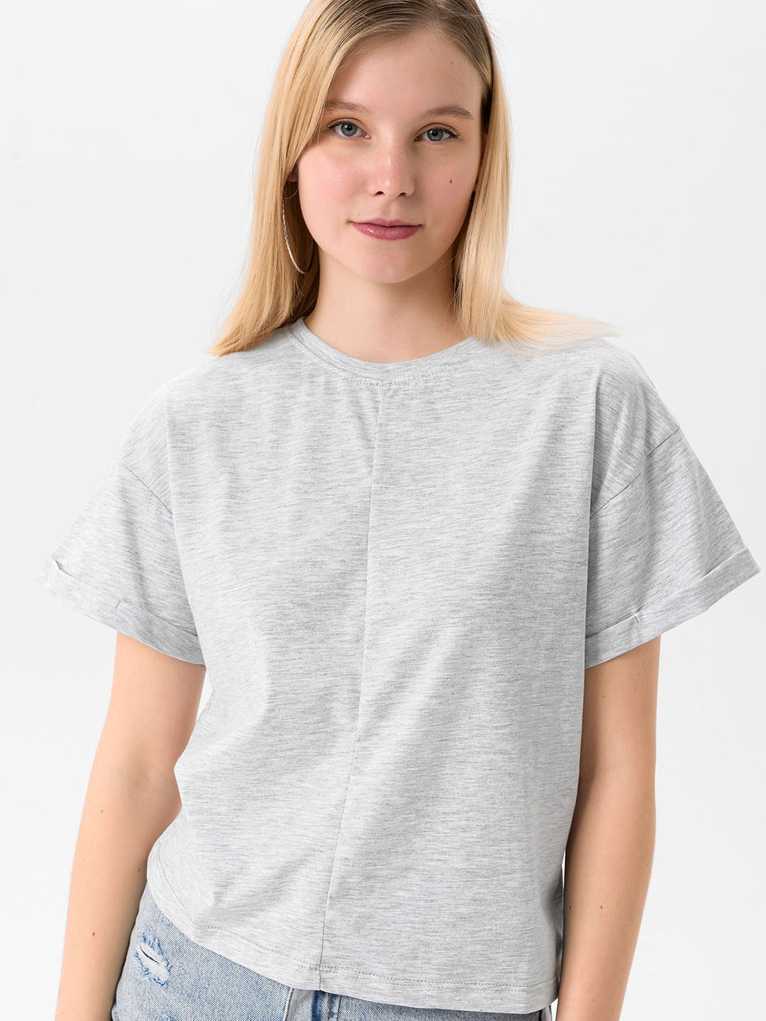 

busem Women Grey Melange Pure Cotton T-shirt