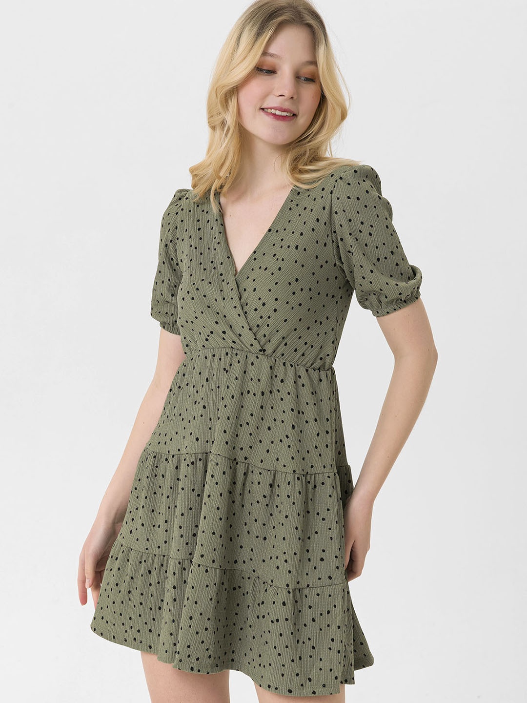 

busem Olive Green & Black Polka Dot Tiered Wrap Dress