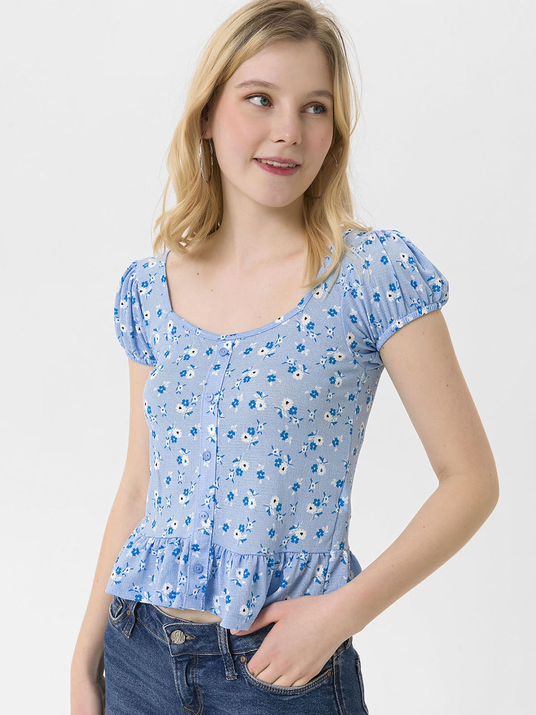 

busem Women Blue & White Floral Printed Top