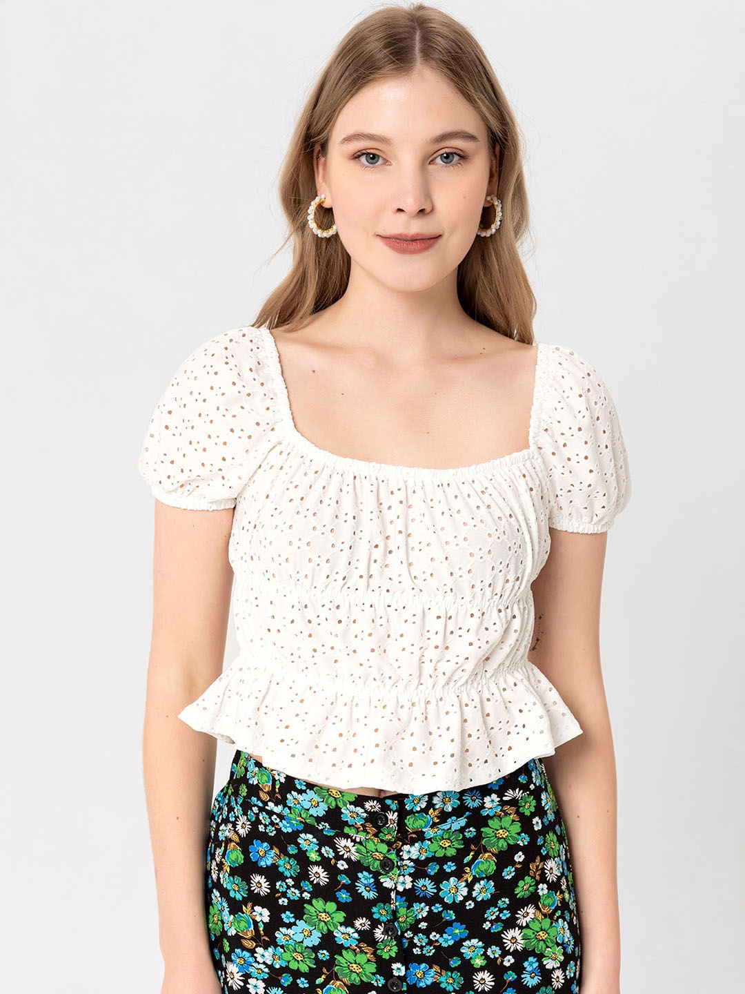 

busem Women White Pure Cotton Square Neck Smocked Schiffli Top
