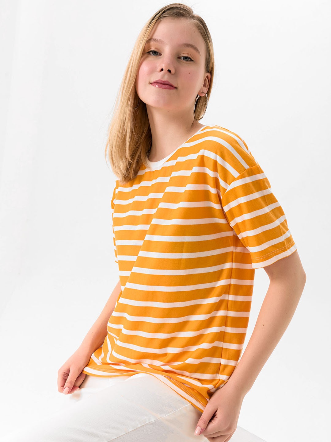 

busem Women Orange & White Striped T-shirt