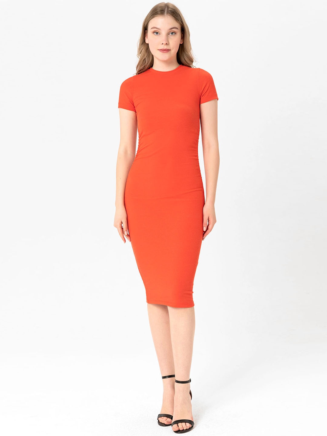 

busem Orange Ribbed Ruched Midi Bodycon Dress