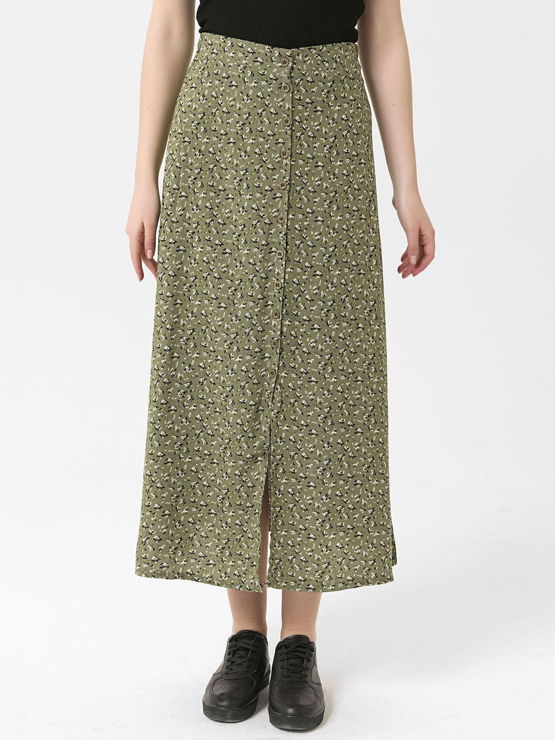 

busem Women Olive Green & Black Ditsy Floral Midi Length Straight Skirt