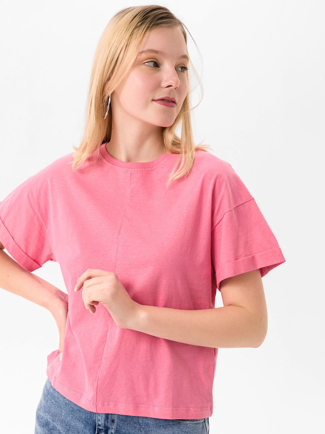 

busem Women Pink Pure Cotton Solid T-shirt