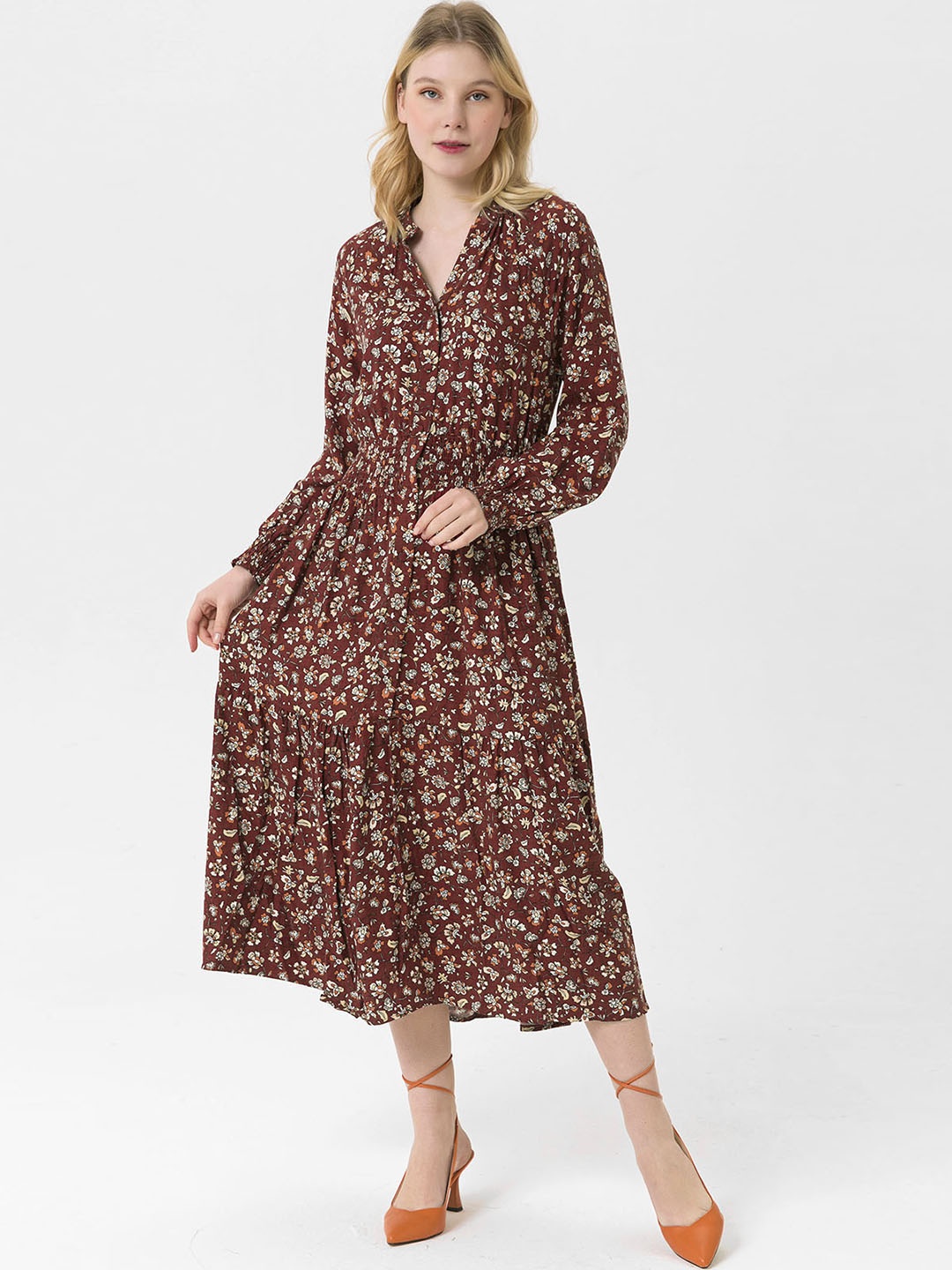 

busem Rust & Beige Floral A-Line Midi Dress