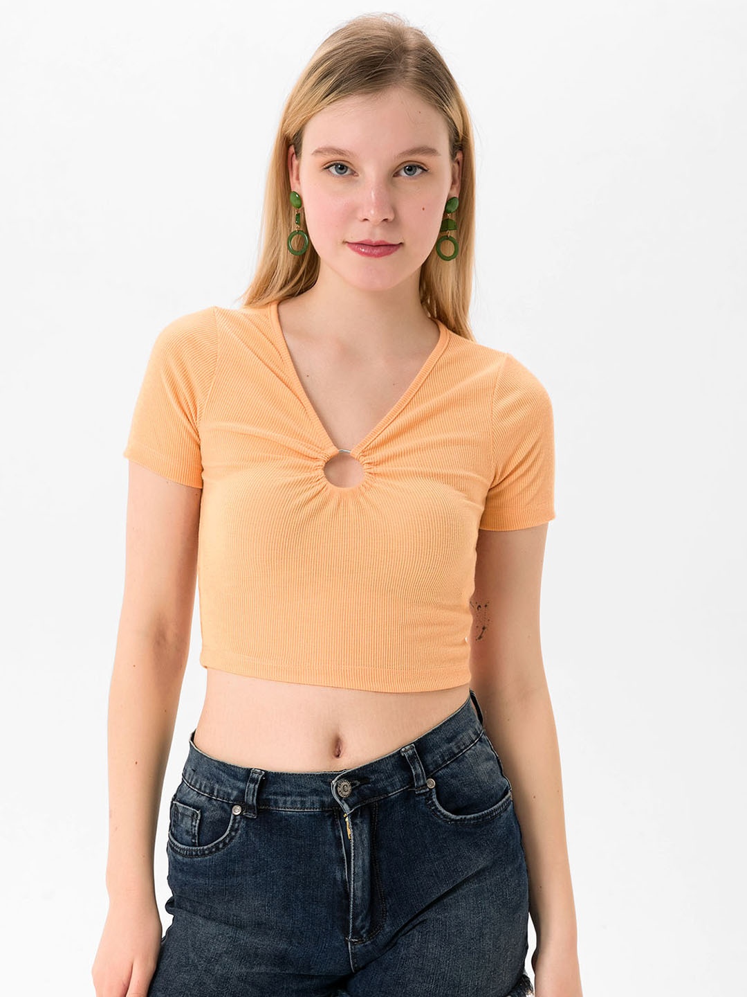 

busem Orange Pure Cotton Ribbed Crop Top with Cut out Detail