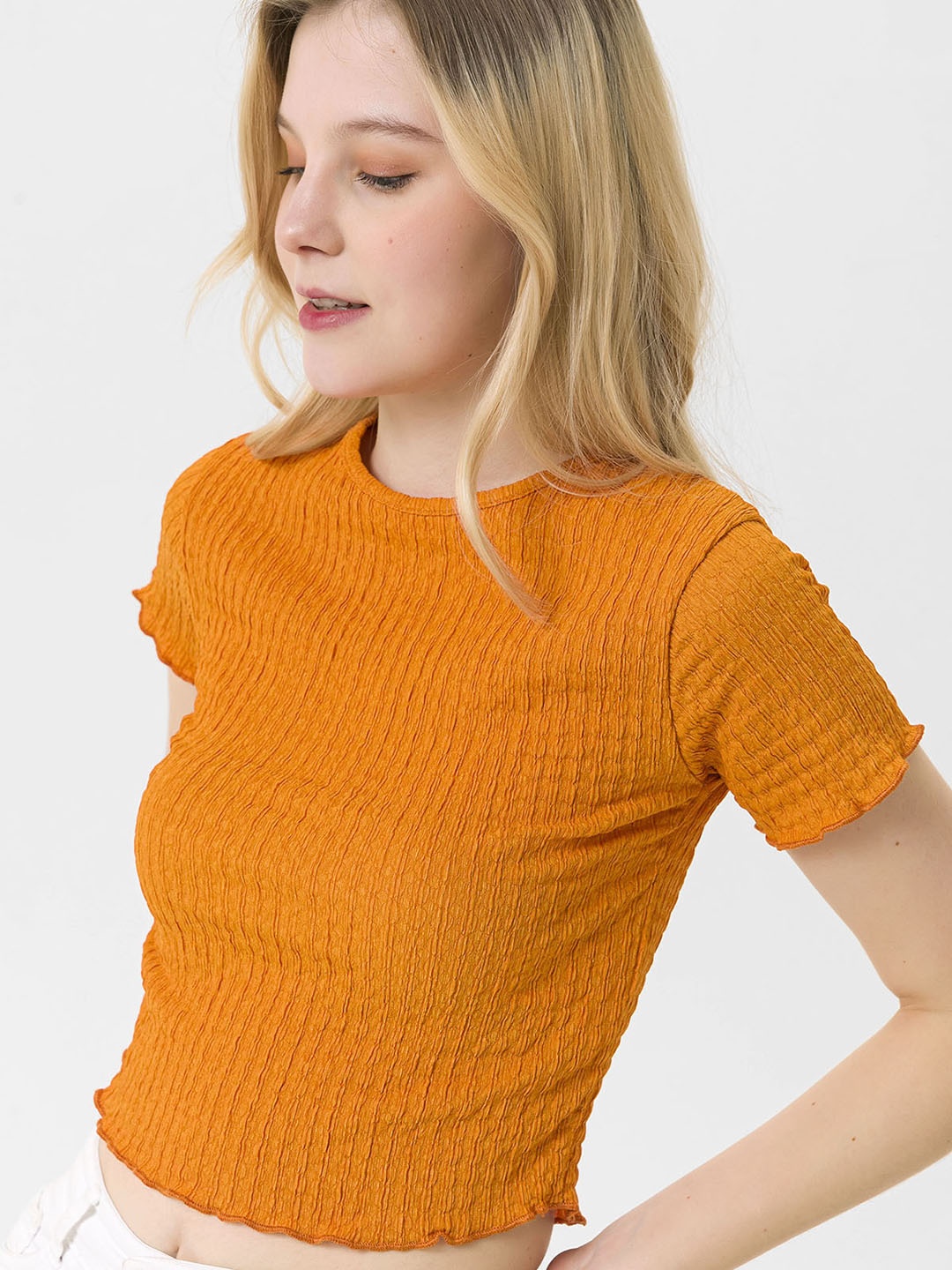 

busem Rust Orange Ribbed Crop Top with Lettuce Edge