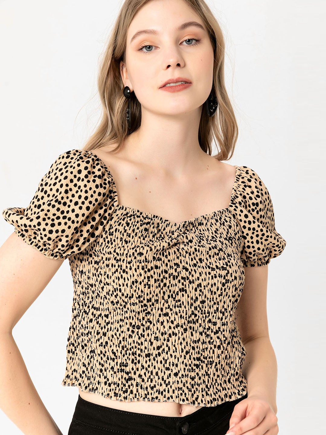 

busem Beige & Black Animal Print Sweetheart Neck Ribbed Top