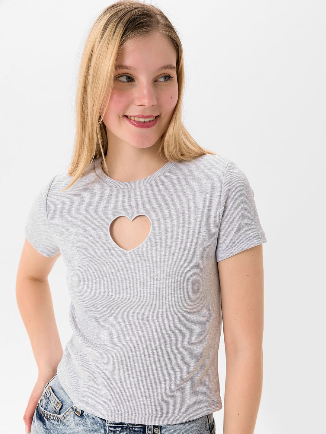 

busem Grey Melange Ribbed Top with Cut out Detail