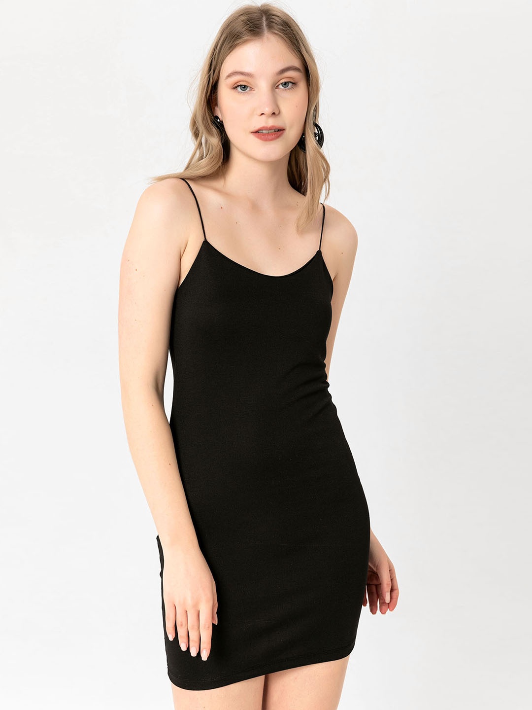

busem Black Solid Shoulder Straps Bodycon Mini Dress