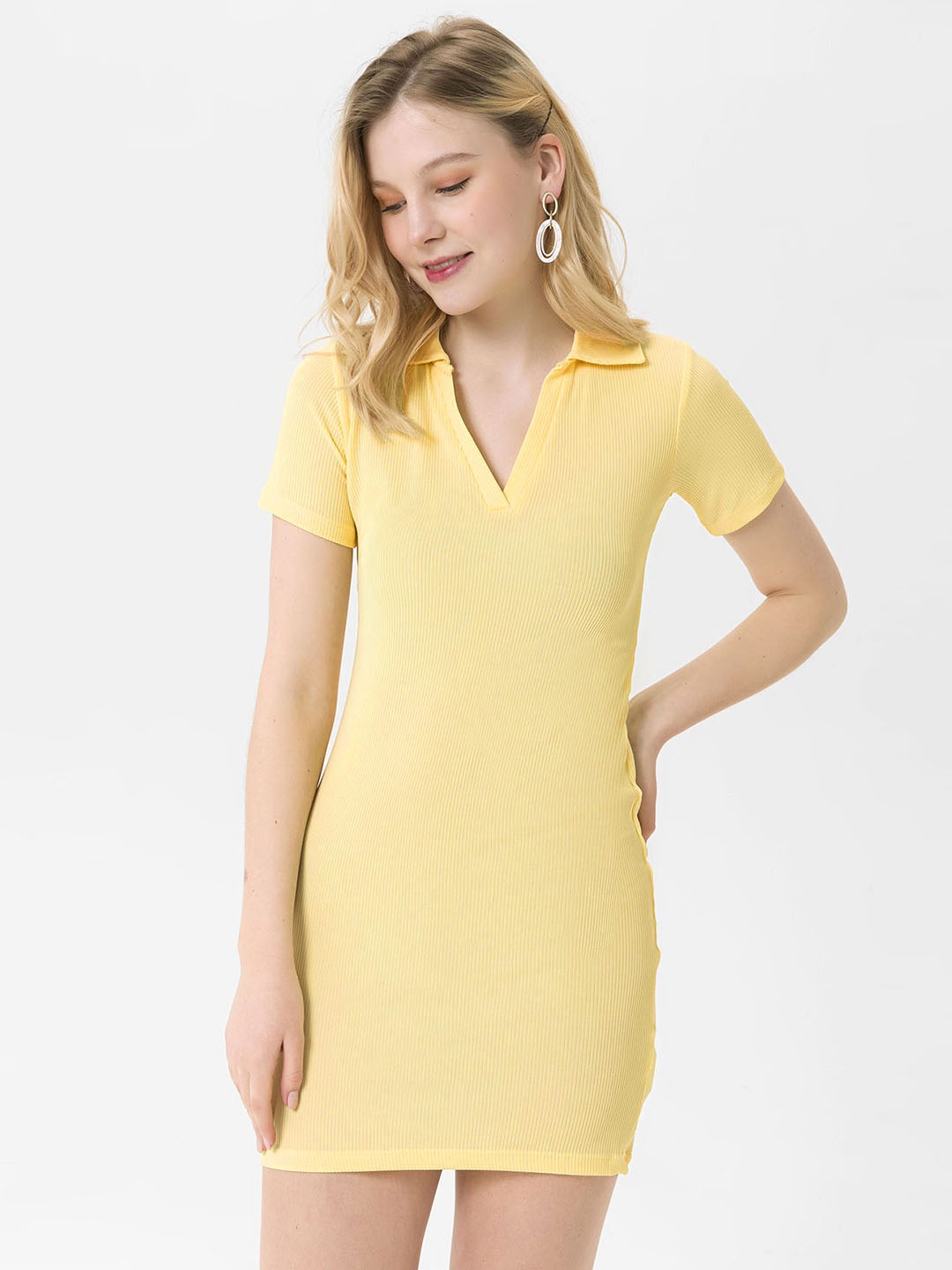 

busem Yellow Polo Collar Ribbed Sheath Dress
