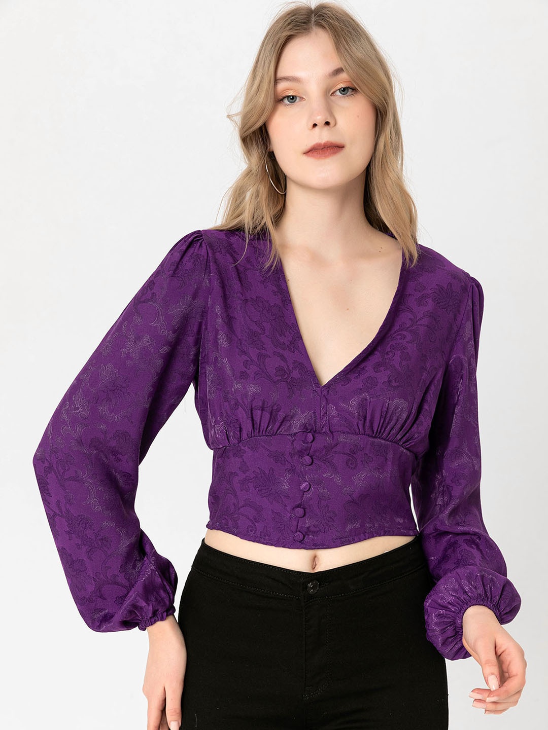 

busem Purple Floral Self-Design Empire Crop Top