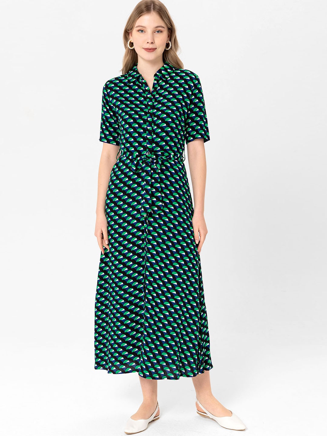 

busem Black & Green Abstract Printed Shirt Collar A-Line Midi Dress