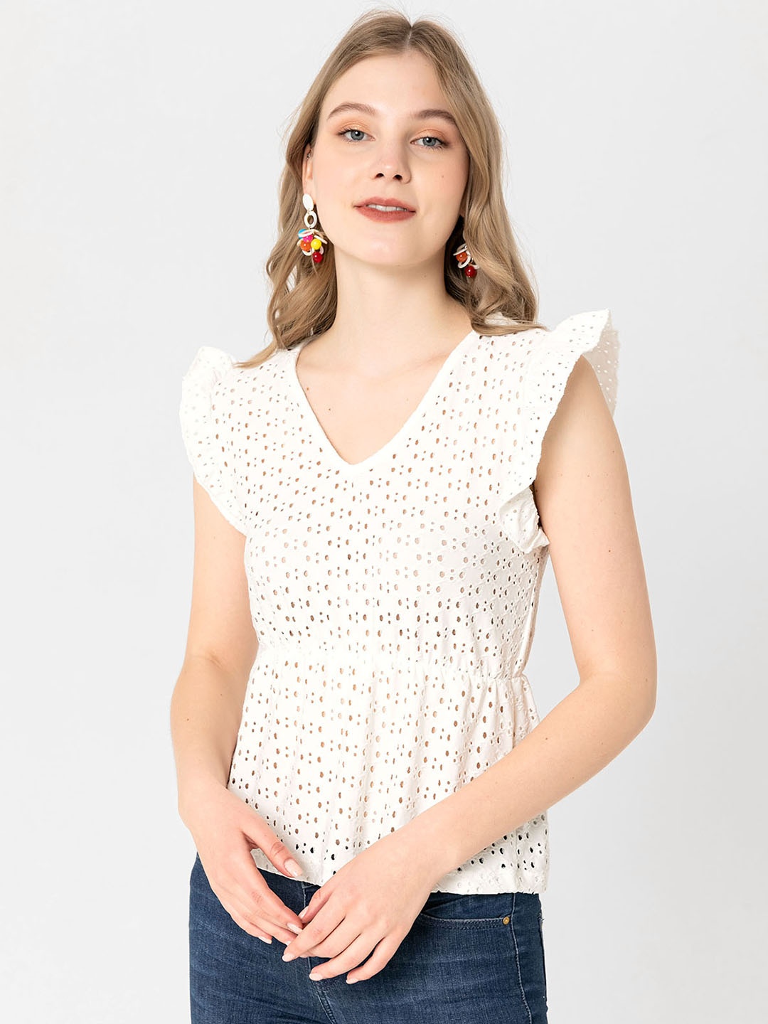 

busem White Pure Cotton Schiffli Floral Embroidered Top