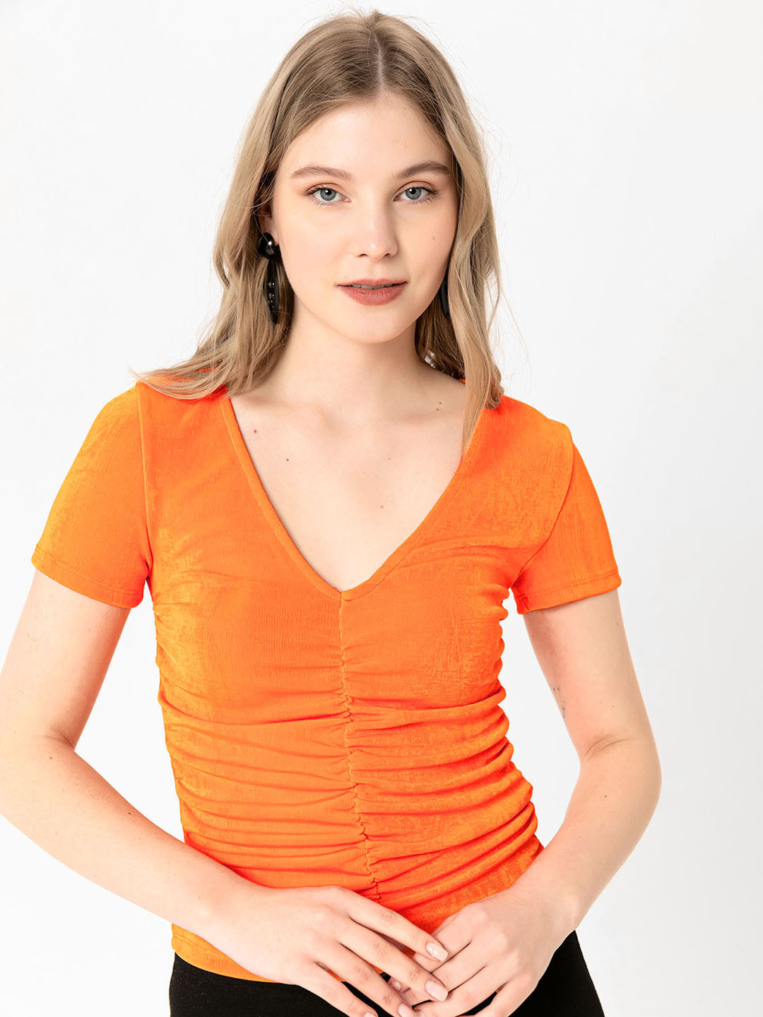 

busem Orange Solid Ruched V-Neck Top
