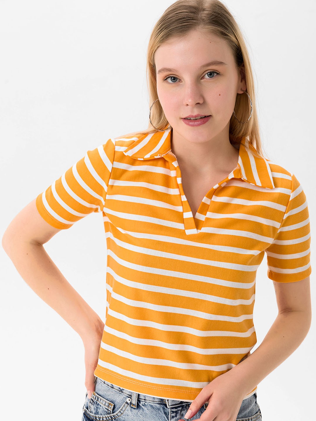 

busem Women Mustard Yellow & White Striped Polo Collar T-shirt
