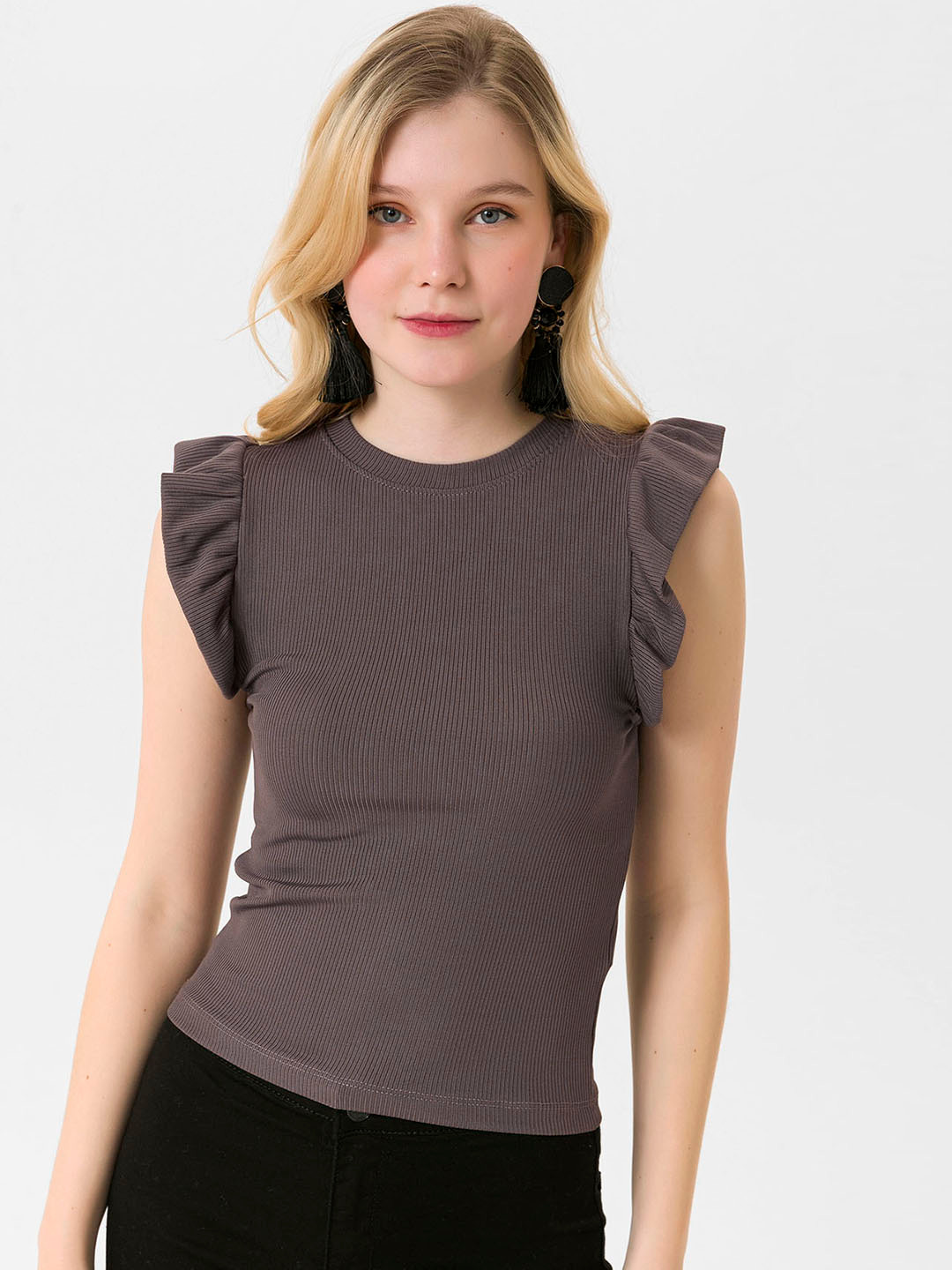 

busem Brown Pure Cotton Solid Ribbed Top