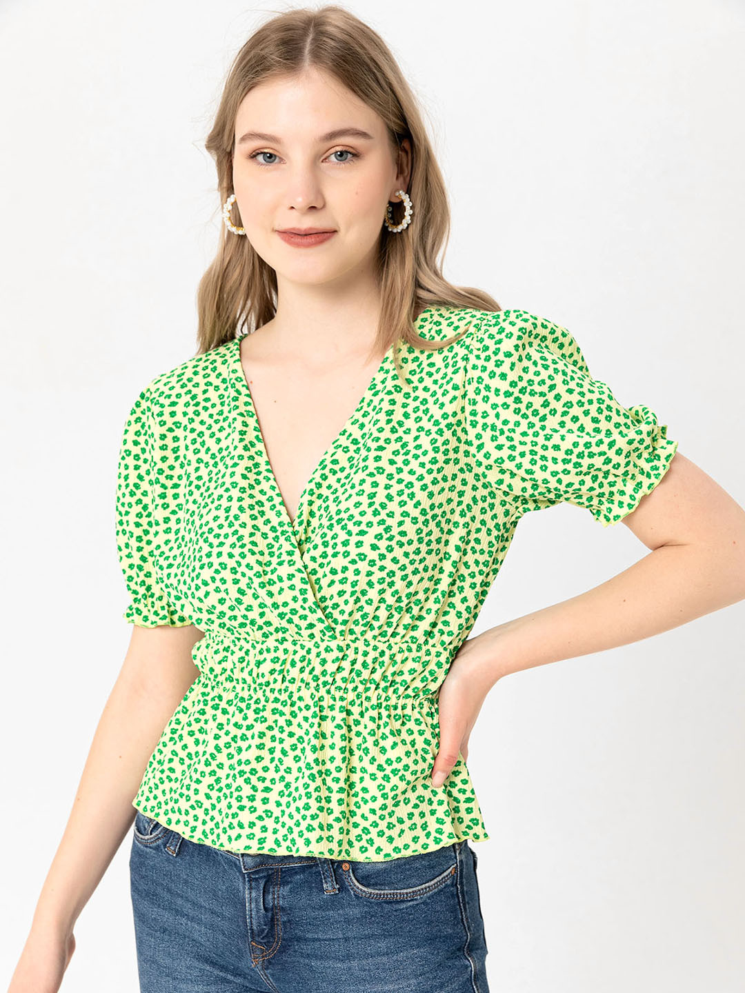 

busem Green Floral Print Wrap Top