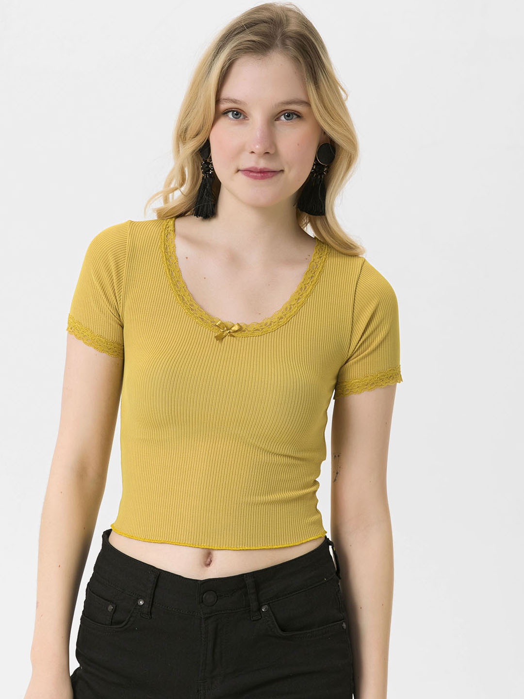 

busem Mustard Yellow Ribbed Lace Inserts Crop Top