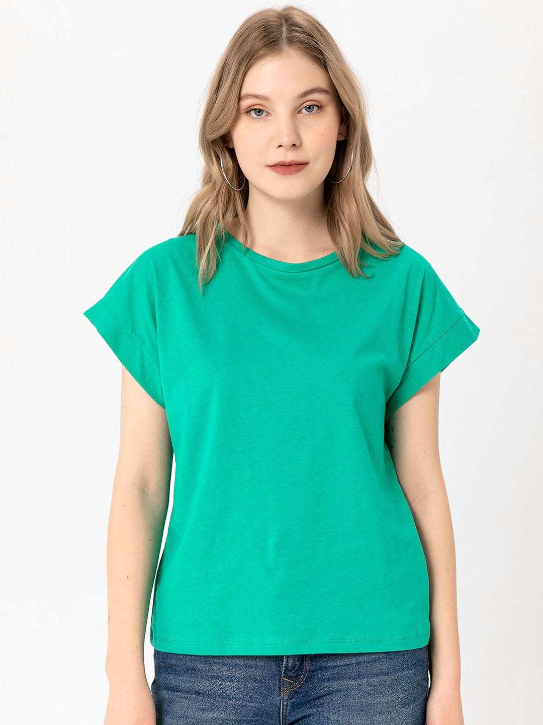 

busem Women Green Extended Sleeves Pure Cotton T-shirt