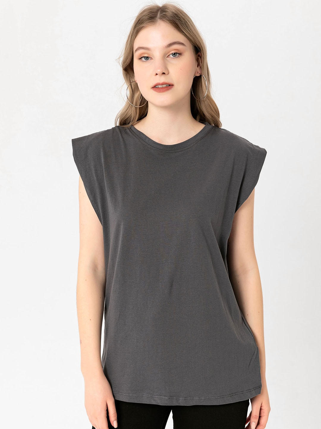 

busem Women Charcoal Grey Extended Sleeves T-shirt