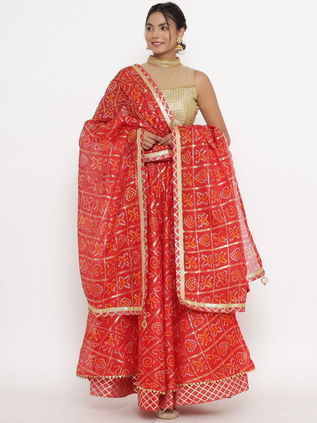 

Kesarya Orange & Gold-Toned Embellished Ready to Wear Lehenga & Unstitched Blouse With Dupatta