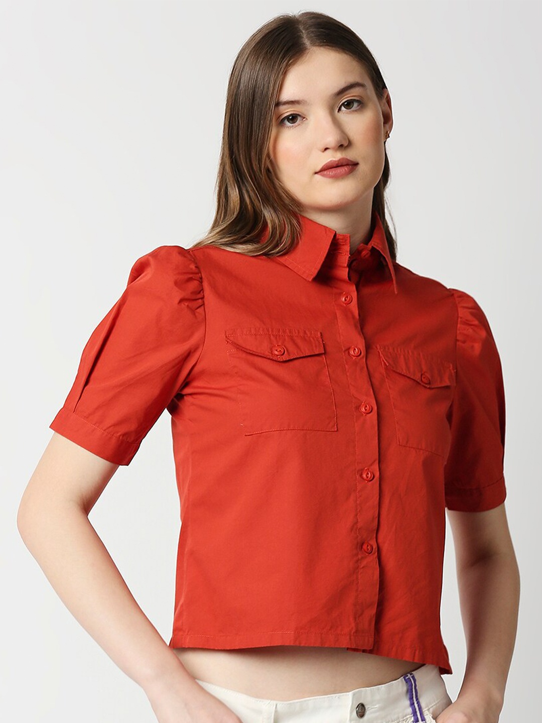 

Remanika Red & cherry tomato Shirt Style Crop Top