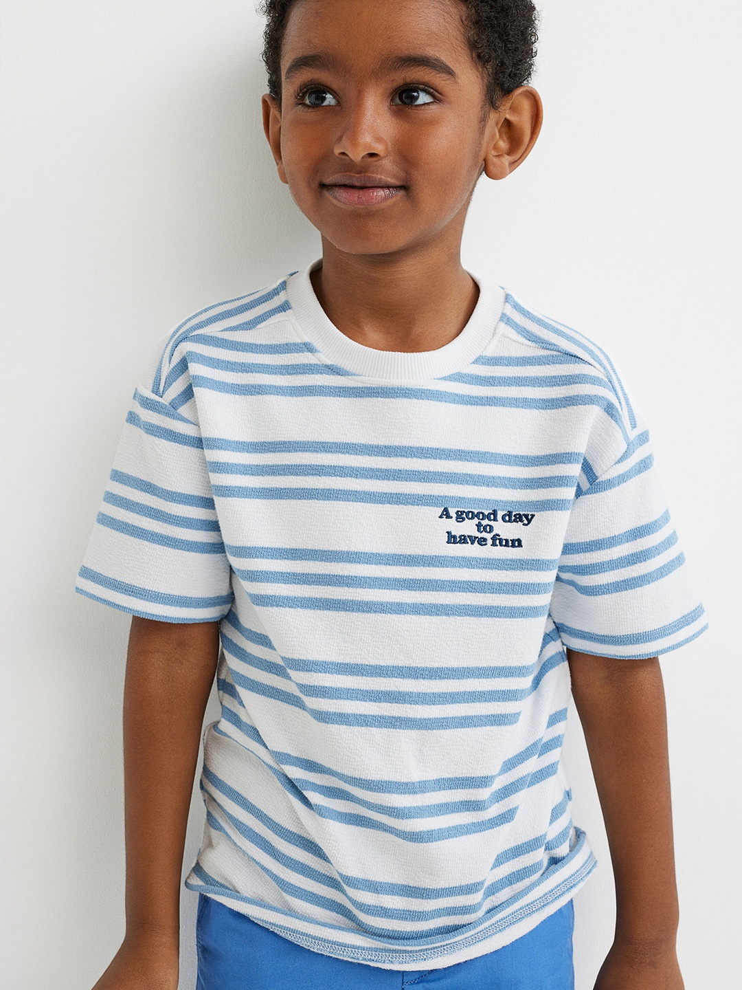 

H&M Boys Blue & White Striped Cotton Embroidery-Detail T-Shirt