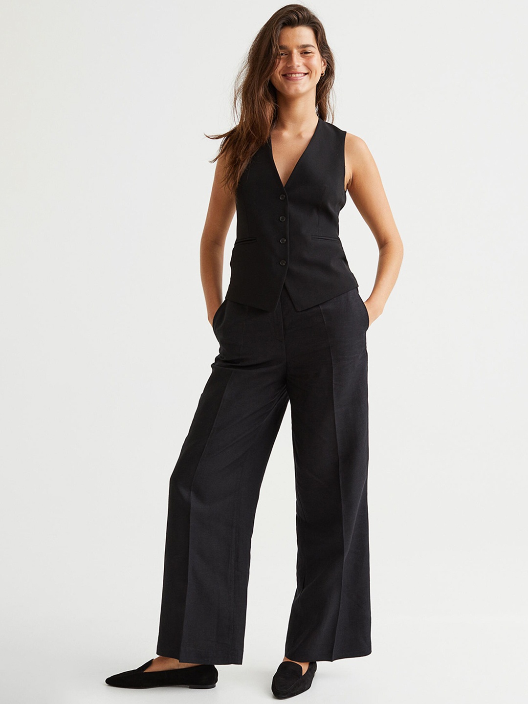 

H&M Black Wide Linen-Blend Trousers