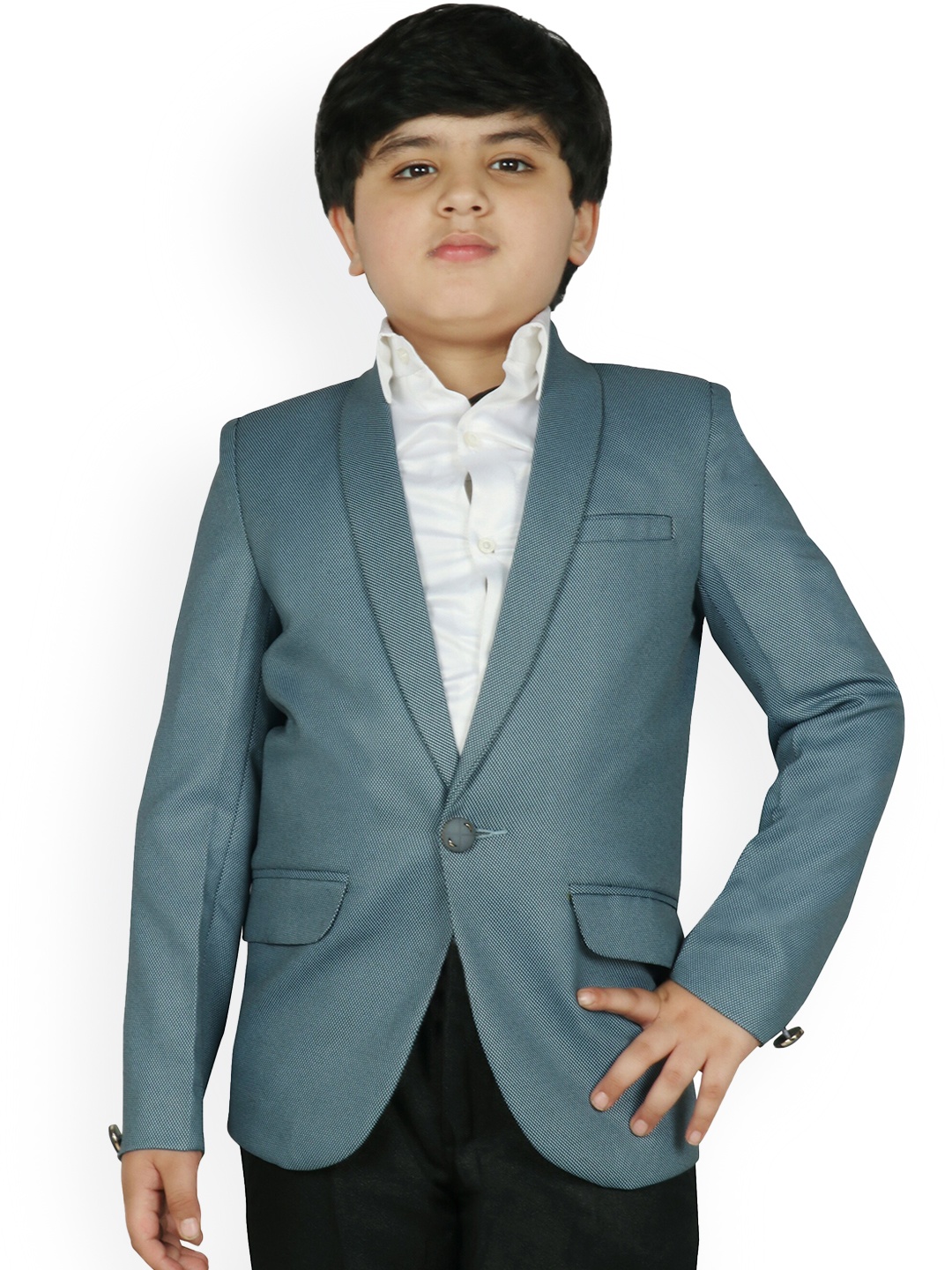 

SG YUVRAJ Boys Navy Blue & White Self Design Single-Breasted Regular-Fit Formal Blazer