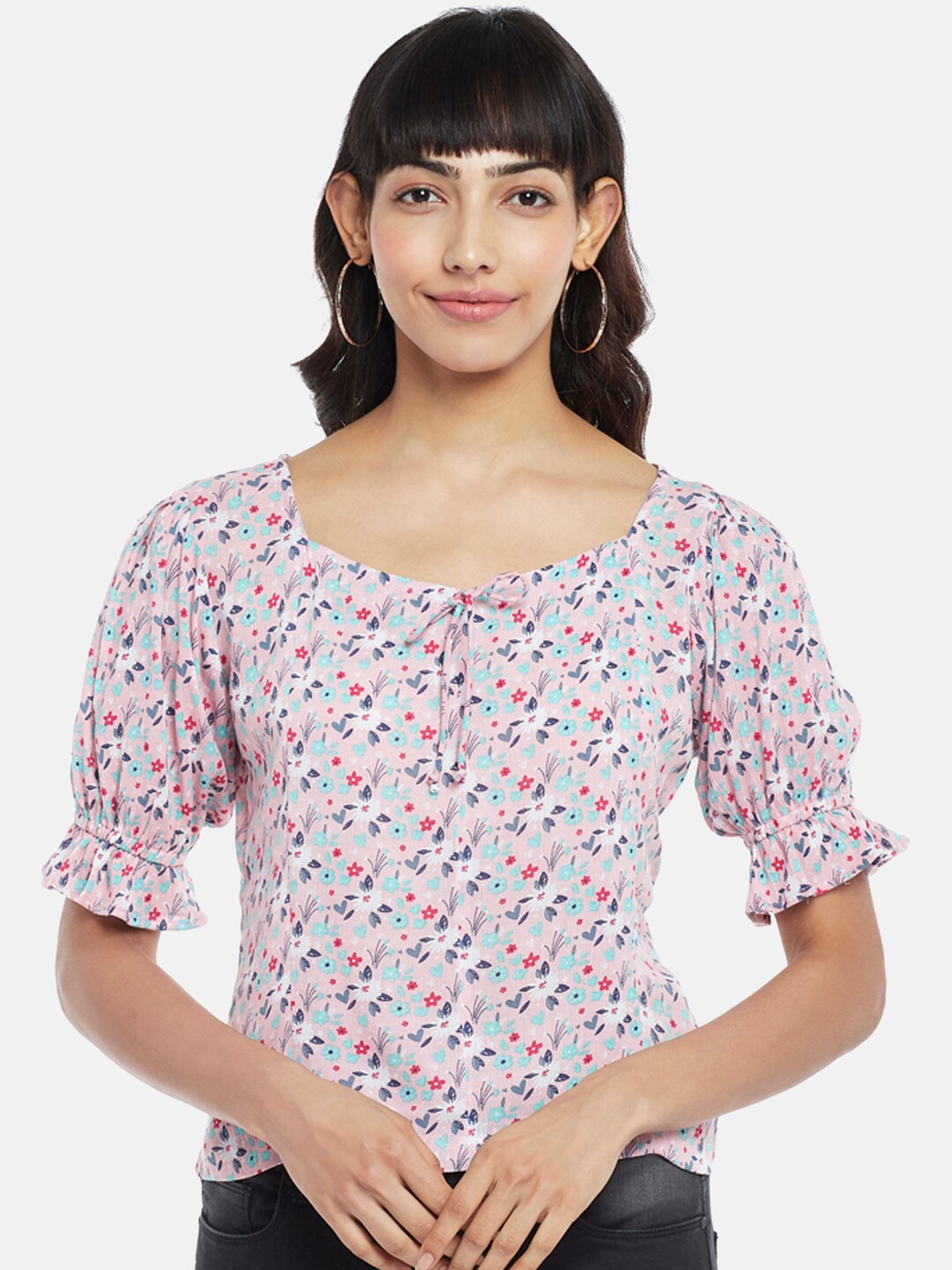 

People Pink & orchid tint Floral Print Tie-Up Neck Top