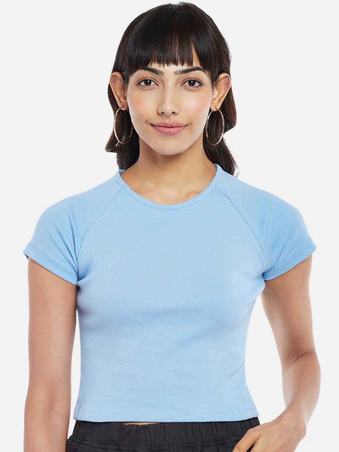 

People Women Light Blue Solid Knitted Crop Top
