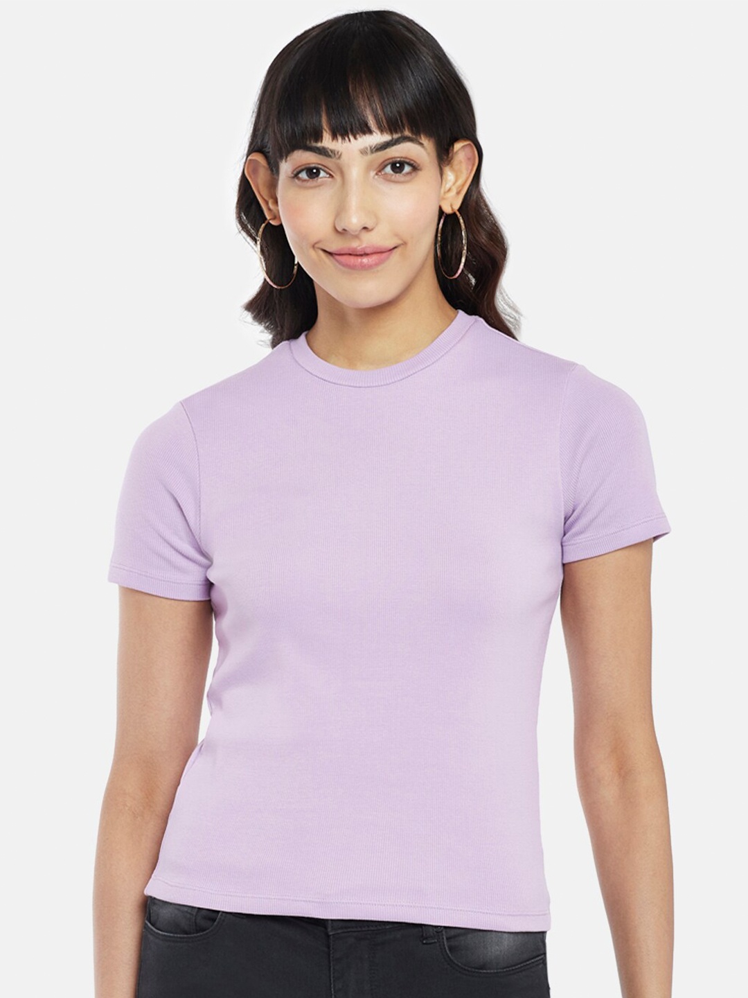 

People Women Lavender Solid Pure Cotton T-shirt