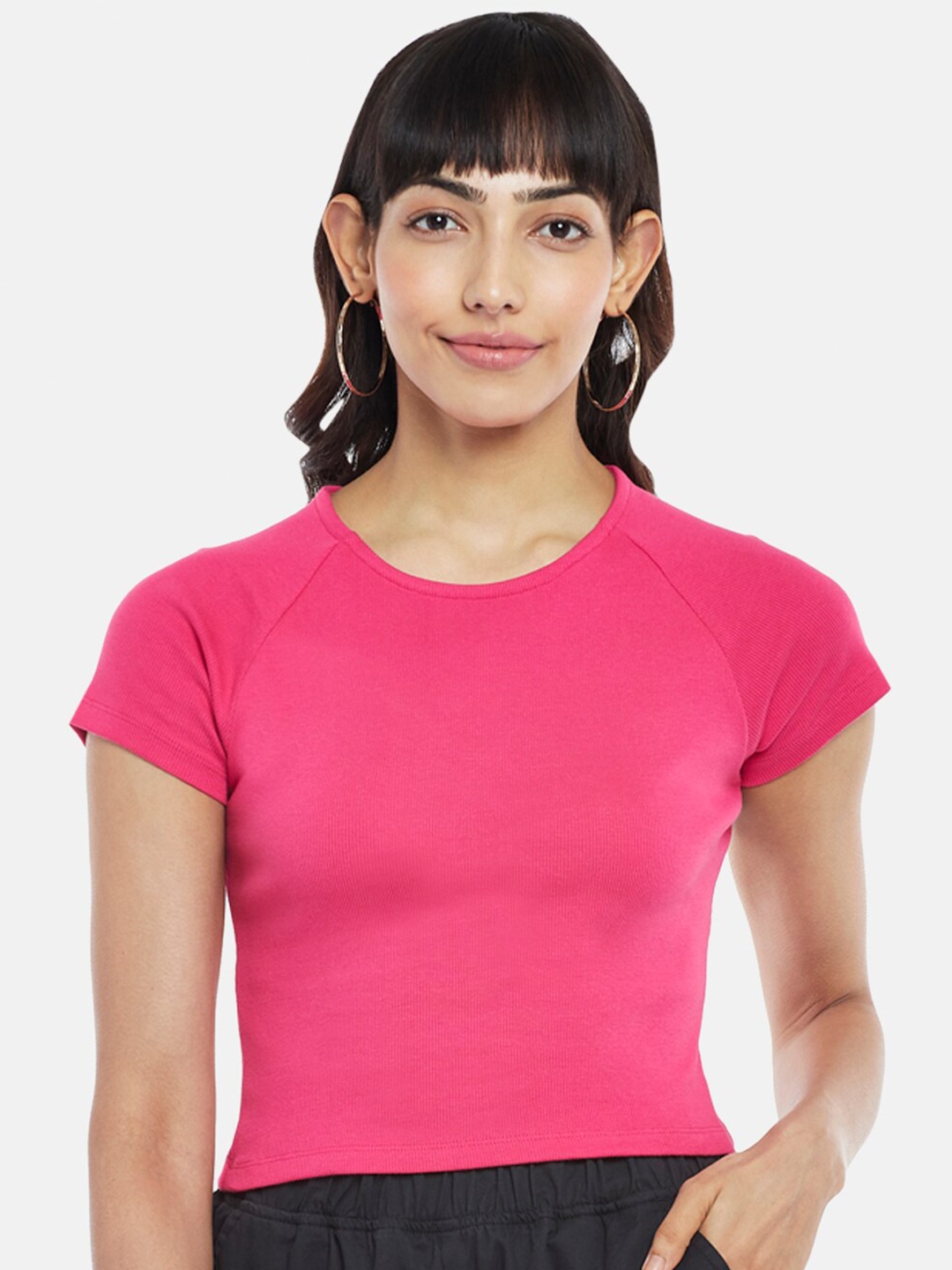 

People Pink Knitted Fitted Pure Cotton Crop Top
