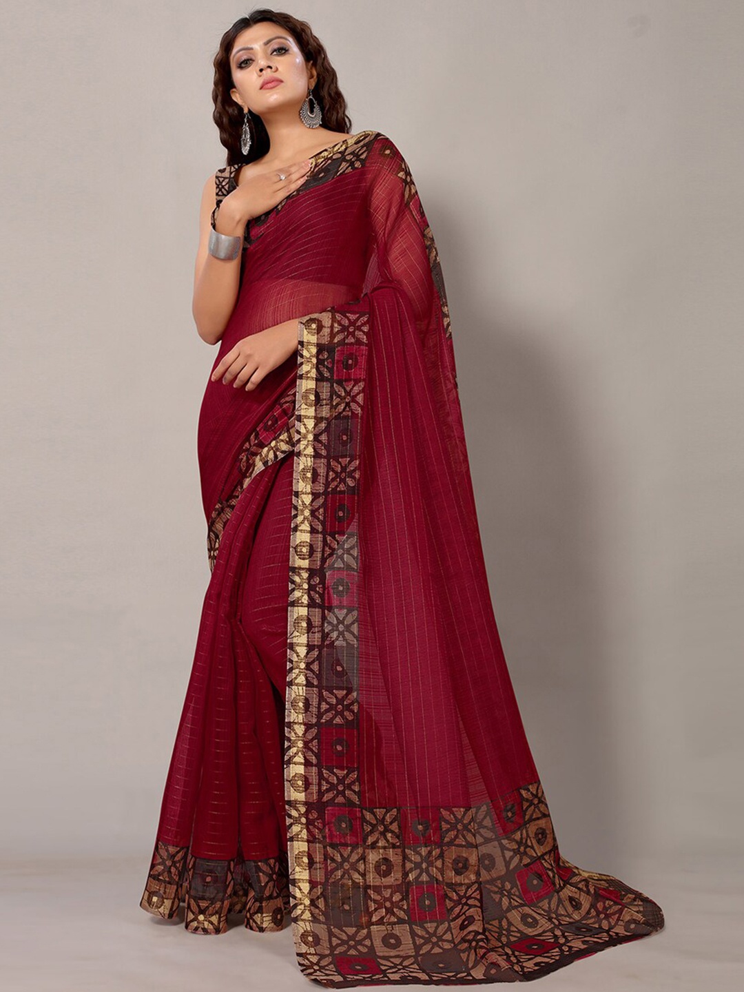 

Shaily Maroon & Brown Striped Silk Cotton Saree